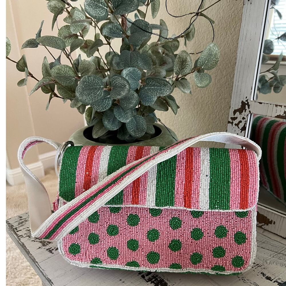 NWT Handcrafted India Beaded Purse Pink Green Striped Artsy Charm Shoulder Bag - Picture 2 of 16